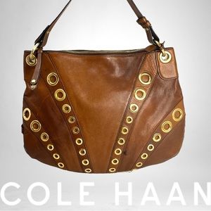 Cole Haan Brown Leather Gold Grommet Shoulder Bag 16"x13"x1"